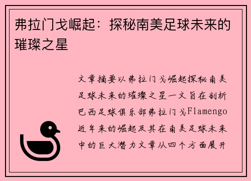 弗拉门戈崛起：探秘南美足球未来的璀璨之星